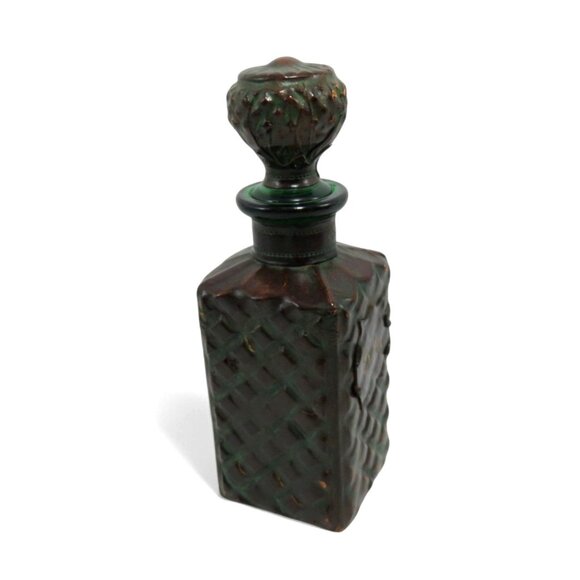 Green Glass DECANTER with LEATHER Wrap and Diamond X Pattern 10" 1960s Vintage - Picture 6 of 13